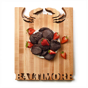 gifts with crabs - crab shape cut out of top - Baltimore cut out at bottom. wood cutting board
