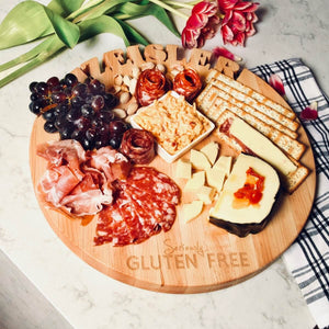 Gluten free charcuterie board, 14"maple with name carved out