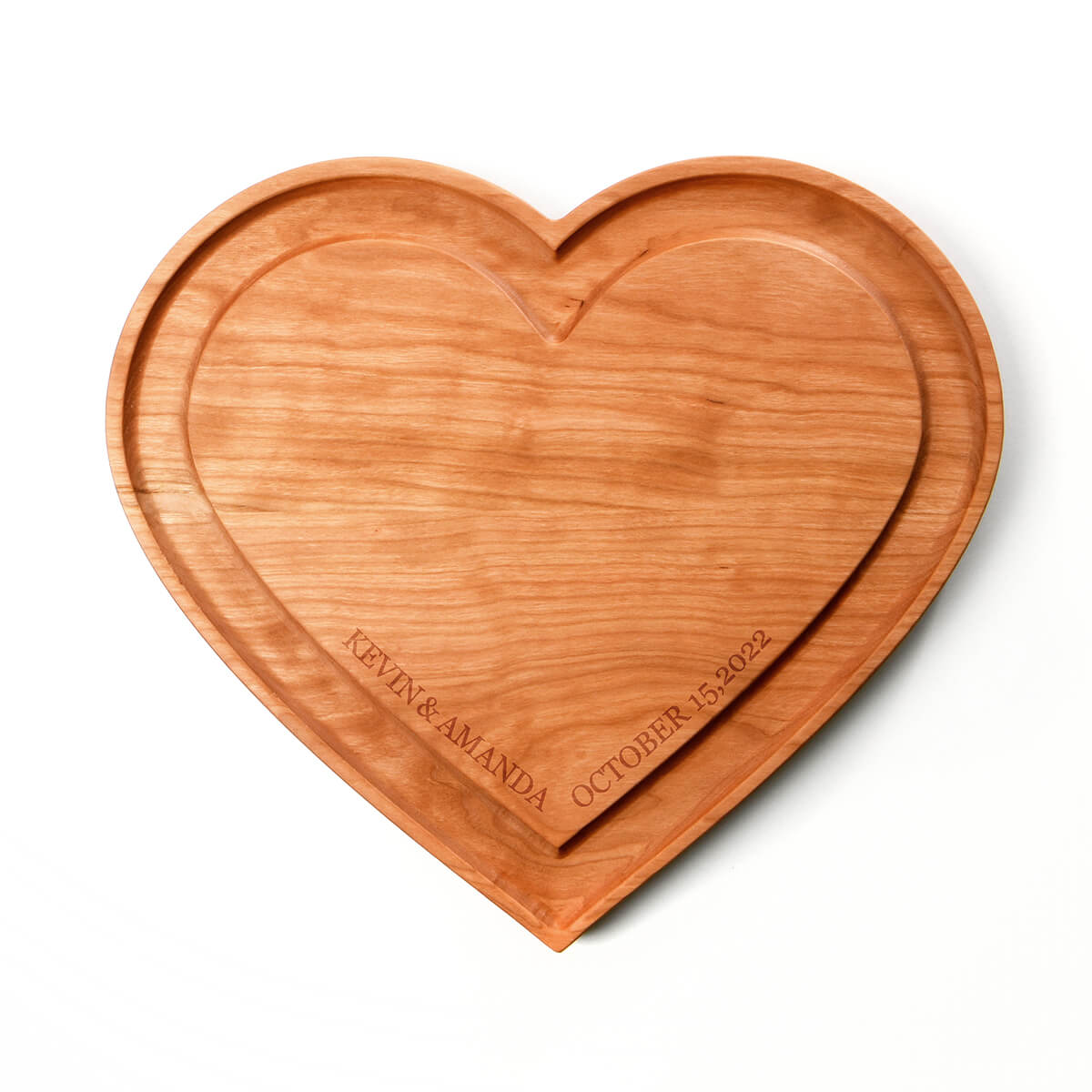 personalized heart shaped cheese board, laser engraved name and date