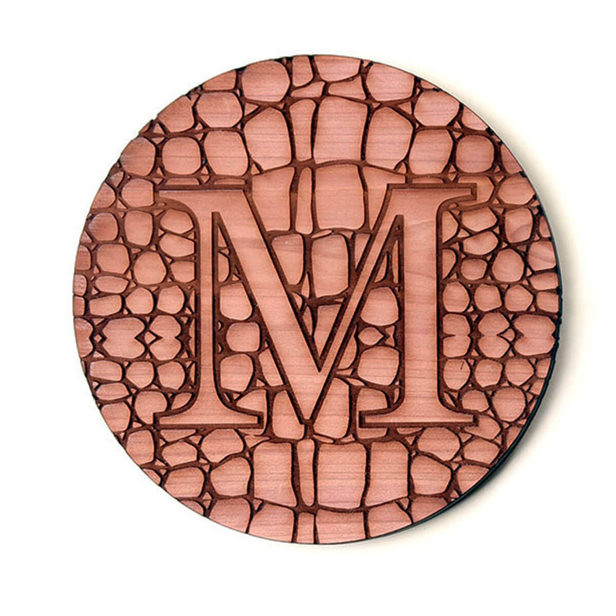 cedar coaster, personalized with letter M and alligator pattern