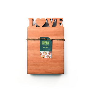 Love cutting board, letters LOVE cut out of the top