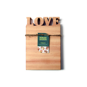 Love cutting board, the letters LOVE cut out of the top
