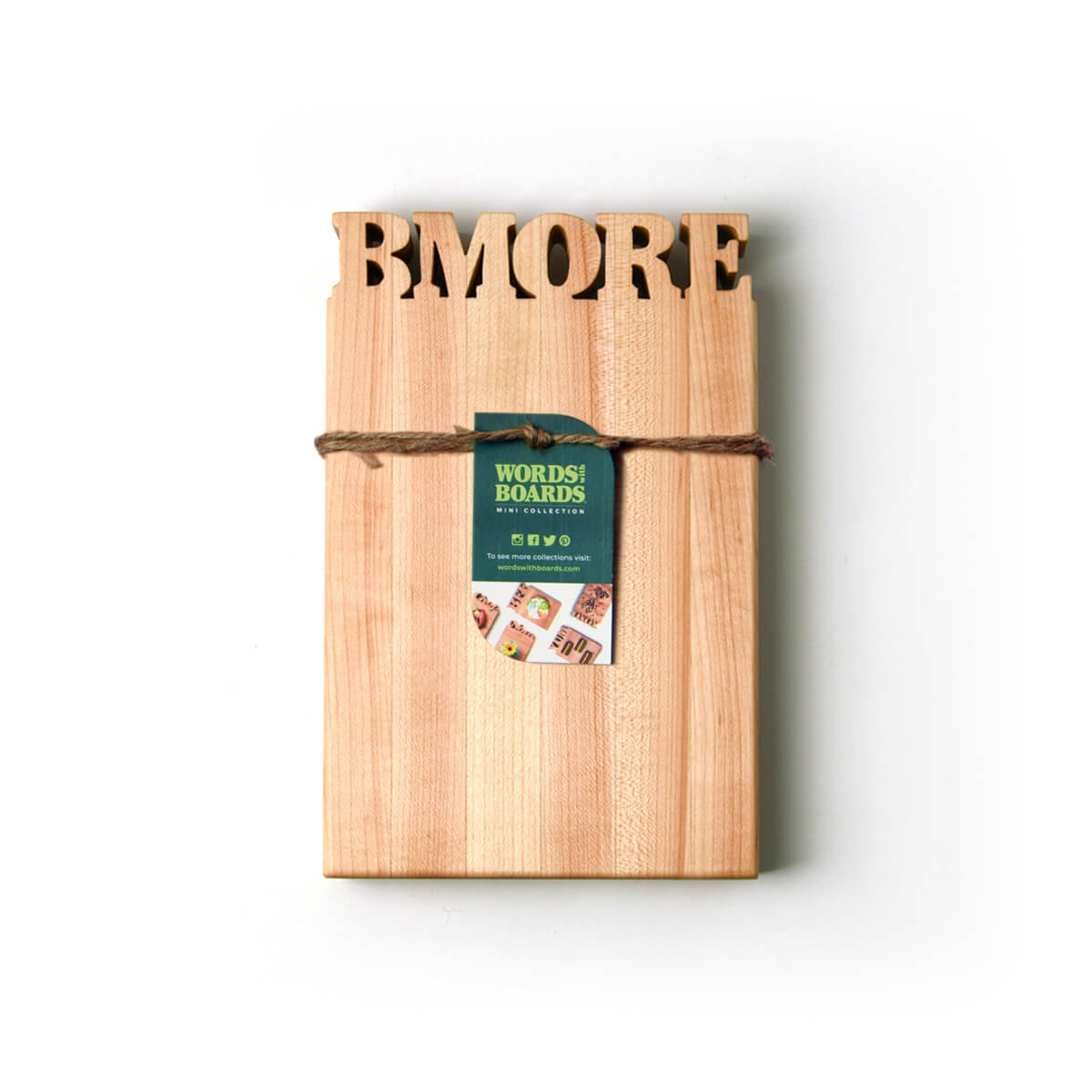 Mini cutting board - wood with the word BMORE cut out of thop- bottle opener