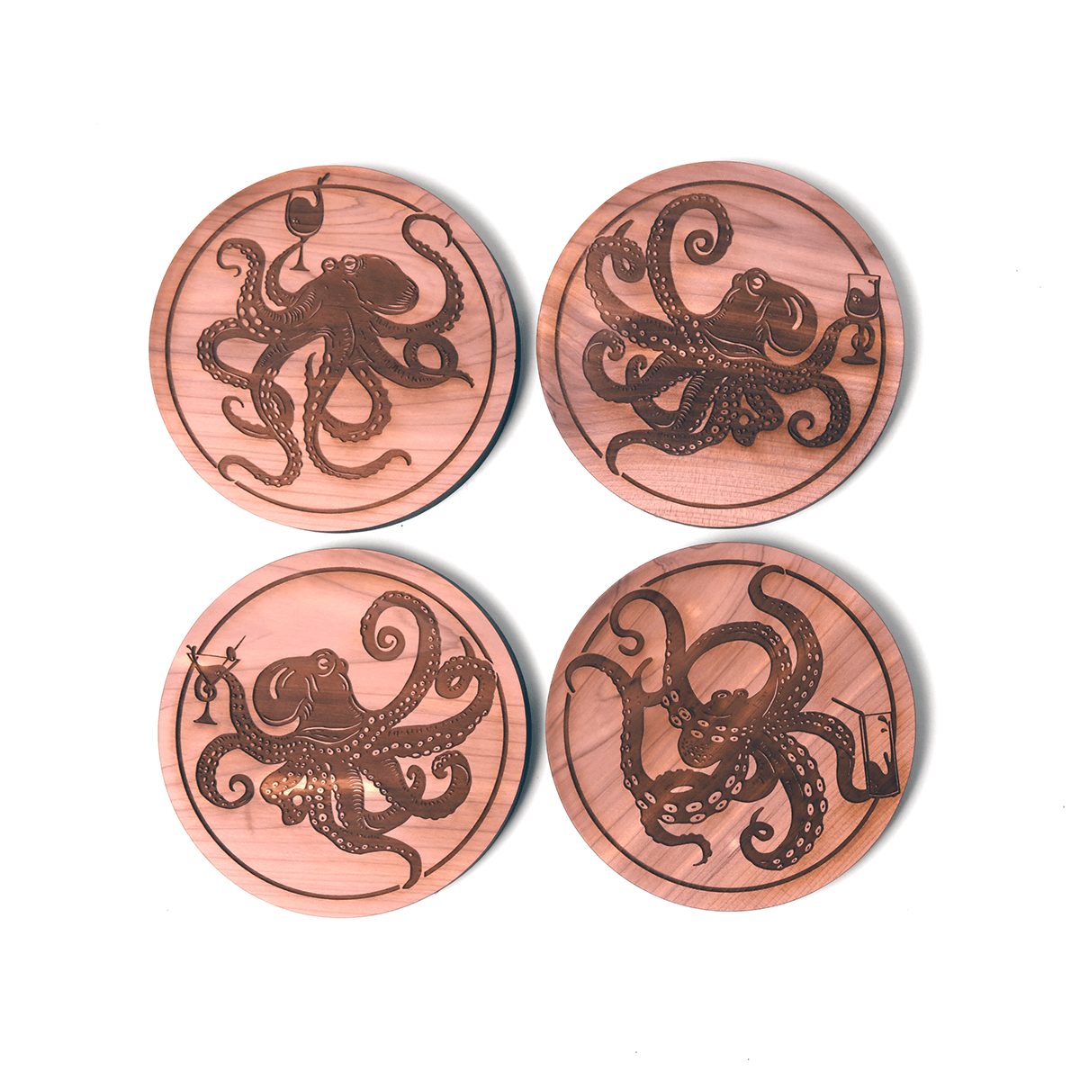set of 4 octopus coasters, cedar wood