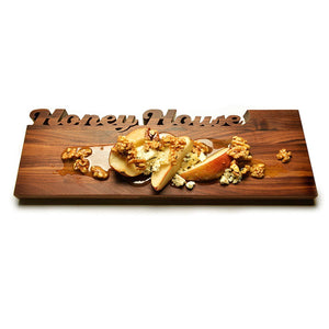Long Personalized Cutting Board - walnut wood, Honey house in script cut out