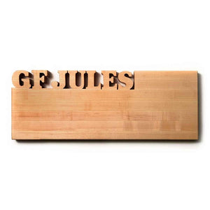 maple wood cutting board, maple wood with GF Jules cut out of top