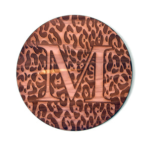 personalized coaster with single Initial, animal print on cedar wood