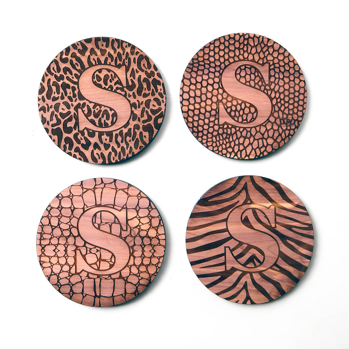Animal Print Coaster Set, Engraved Wooden Set of 4 Round Coasters