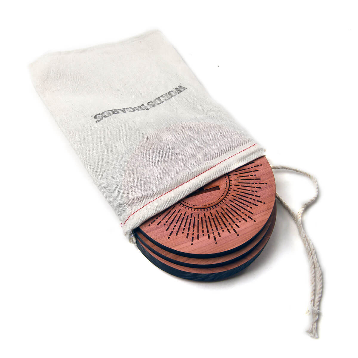 Personalized coaster set packed in muslin bag, Starburst and initial design, cedar wood