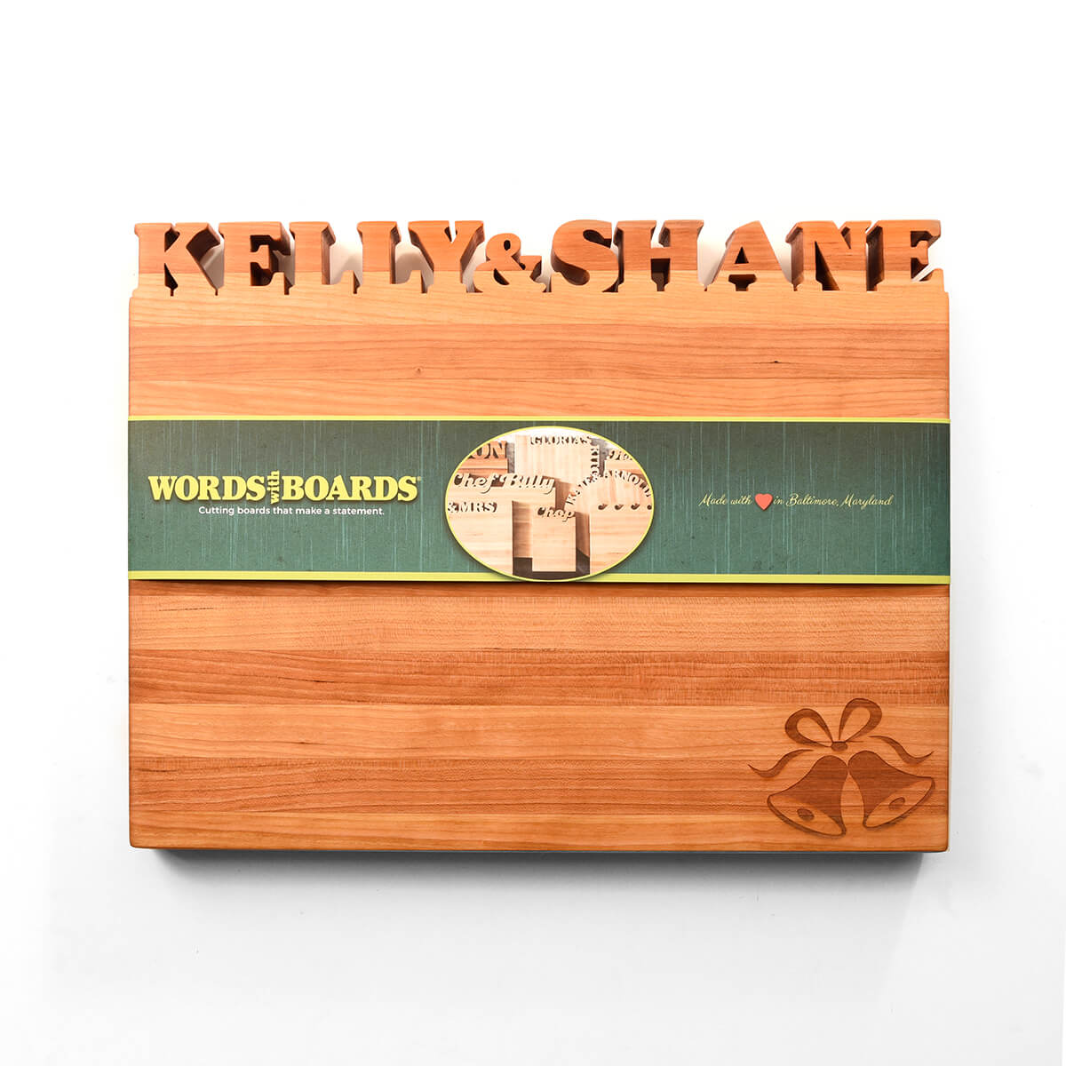 personalized cutting board as a wedding gift, decorated with wedding bells, Cherry wood