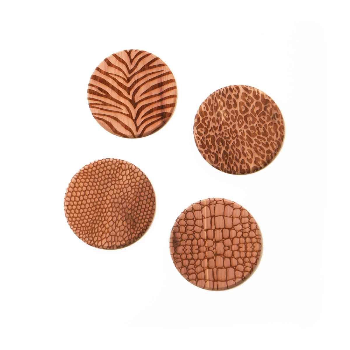 Set of 4 cedar coasters with animal prints