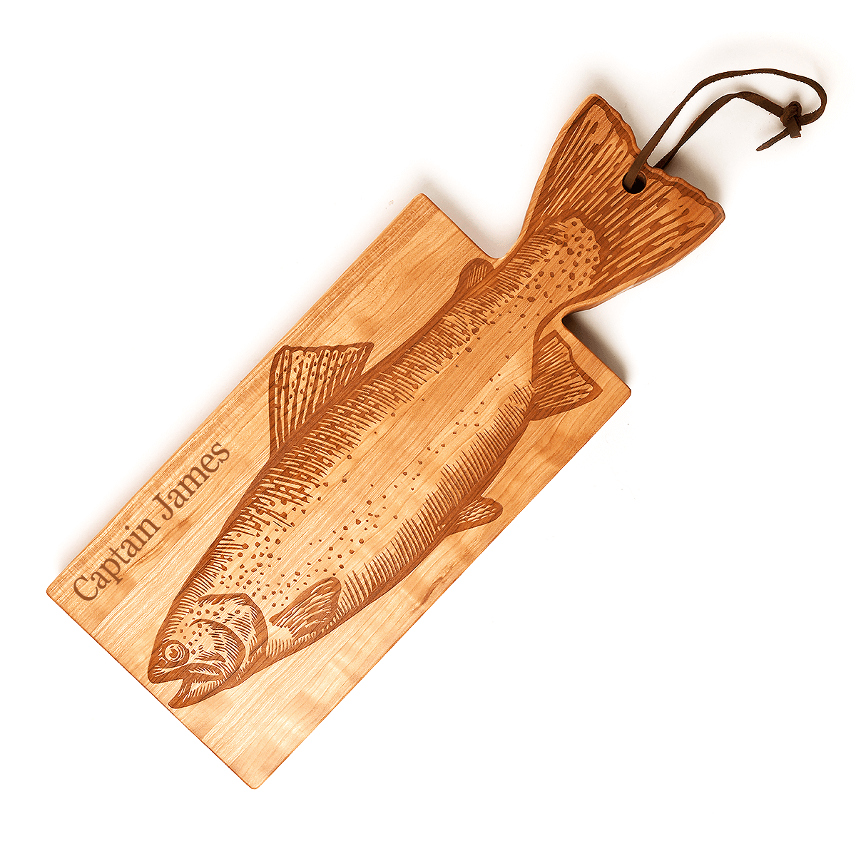trout shaped board, laser engraved with name