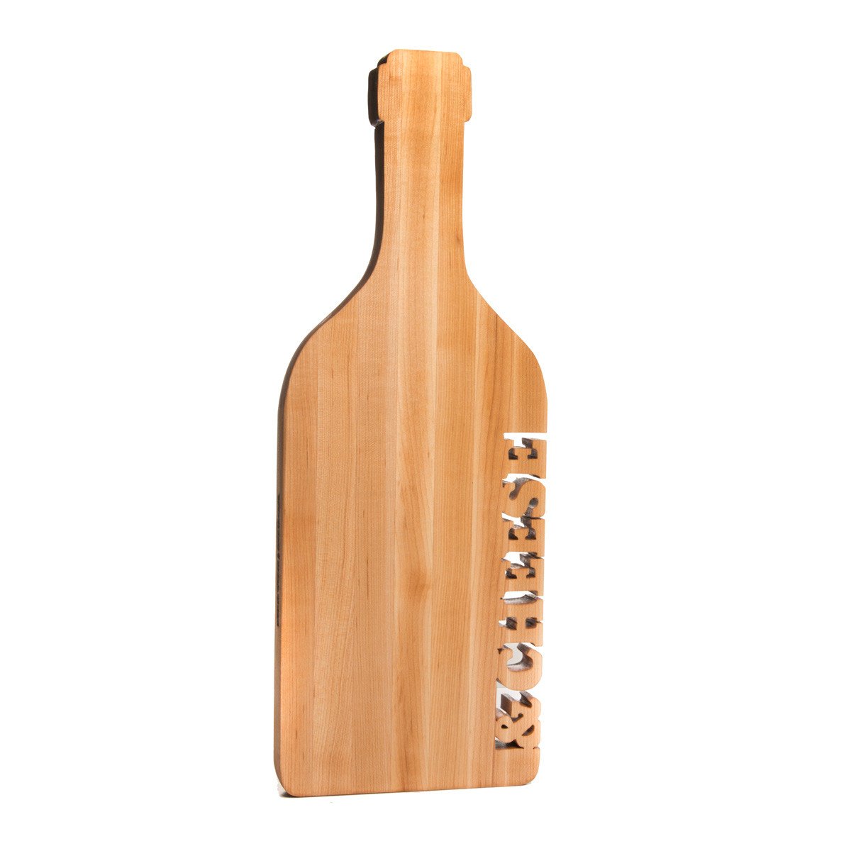 cutting board shaped like a wine bottle with the words & cheese cut out on the side, white background