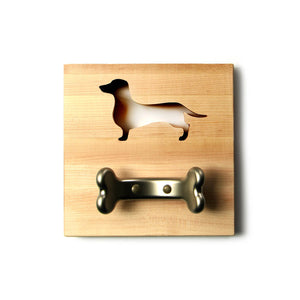 Wooden dog leash holder - Dachshund shape cut out - metal bone hook