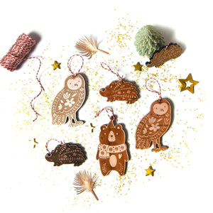 new woodland christmas ornaments, owl, hedgehog, bear