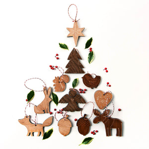 wooden ornament, woodland animal shapes