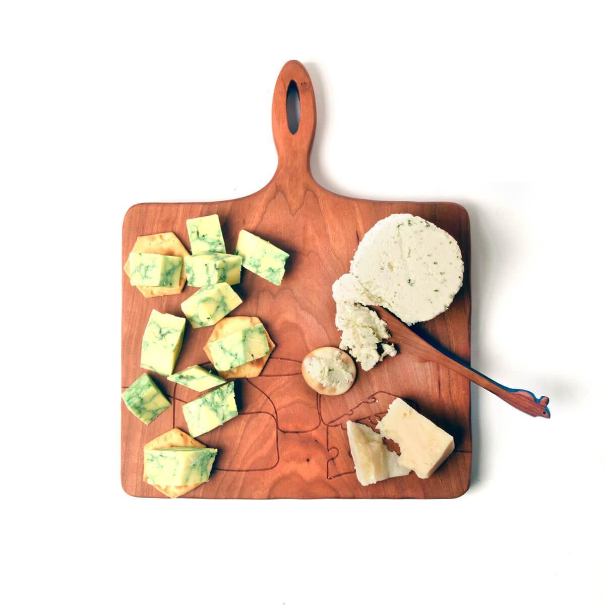 Cheese board with handle, shown with a 3 cheese spread