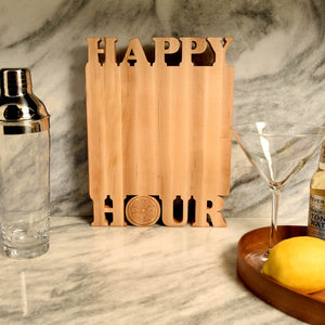kitchen cooking gifts, cutting board with the words Happy Hour cut out