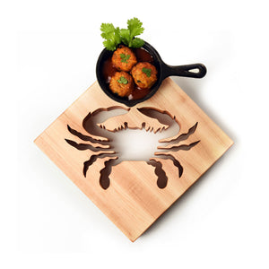 crab cut out kitchen trivet, with mini crabcakes