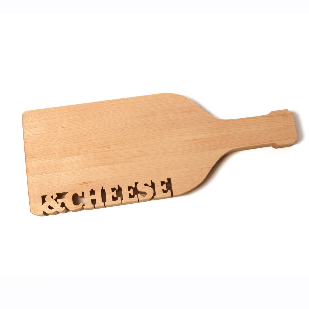 wine bottle shaped board with &Cheese cut out, white background