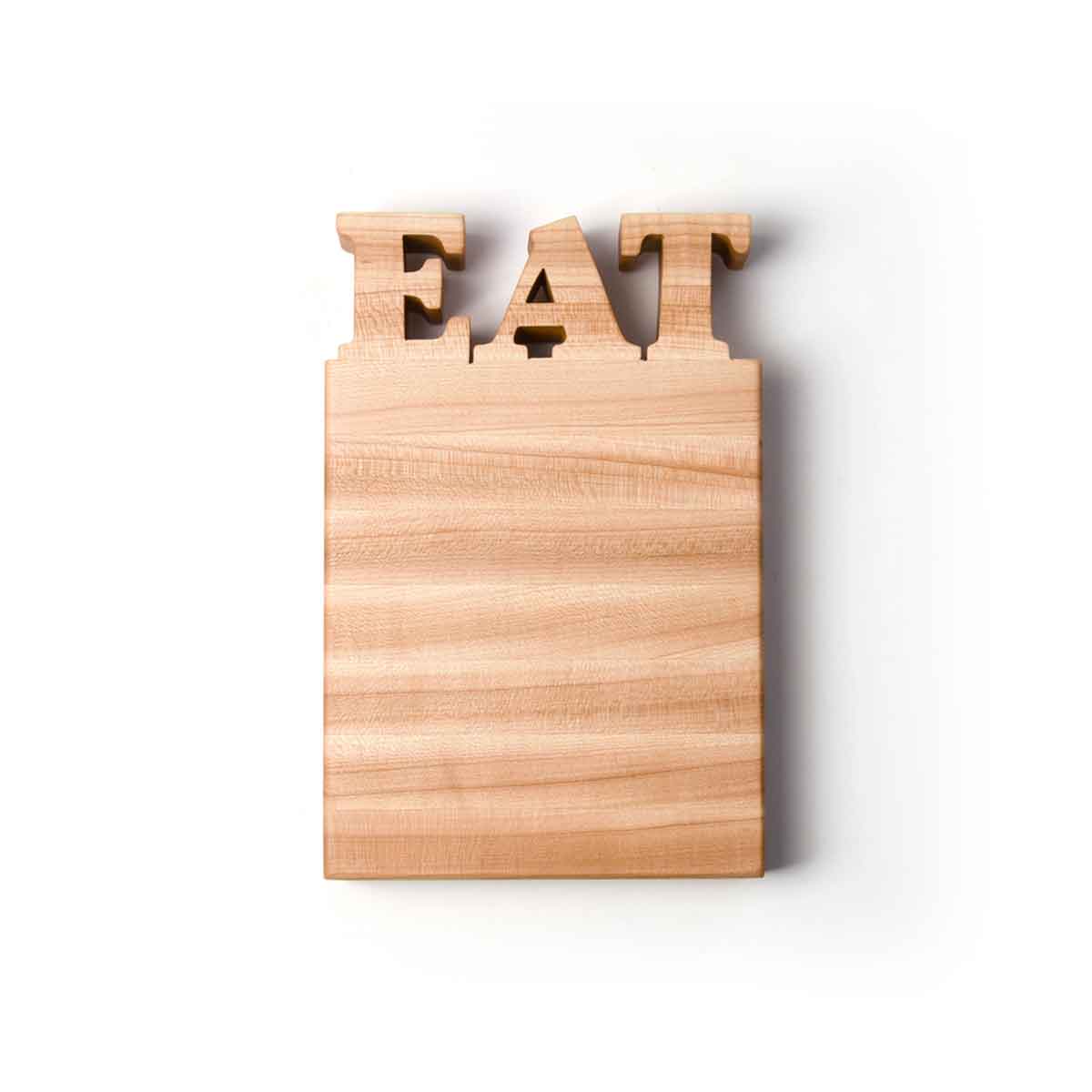 cutting board, mini size with the word Eat cut out of top - bottle opener option