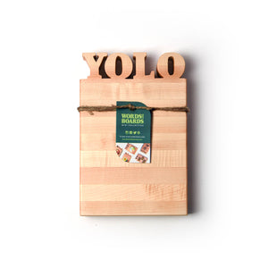 cutting board with the letters YOLO cut out of top-bottle opener option
