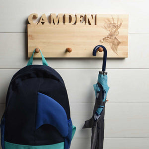 kids coat rack, hangs on the wall, name carved out of the wood