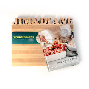 once upon a chef cookbook cover - bundled with maple cutting board with names cut out