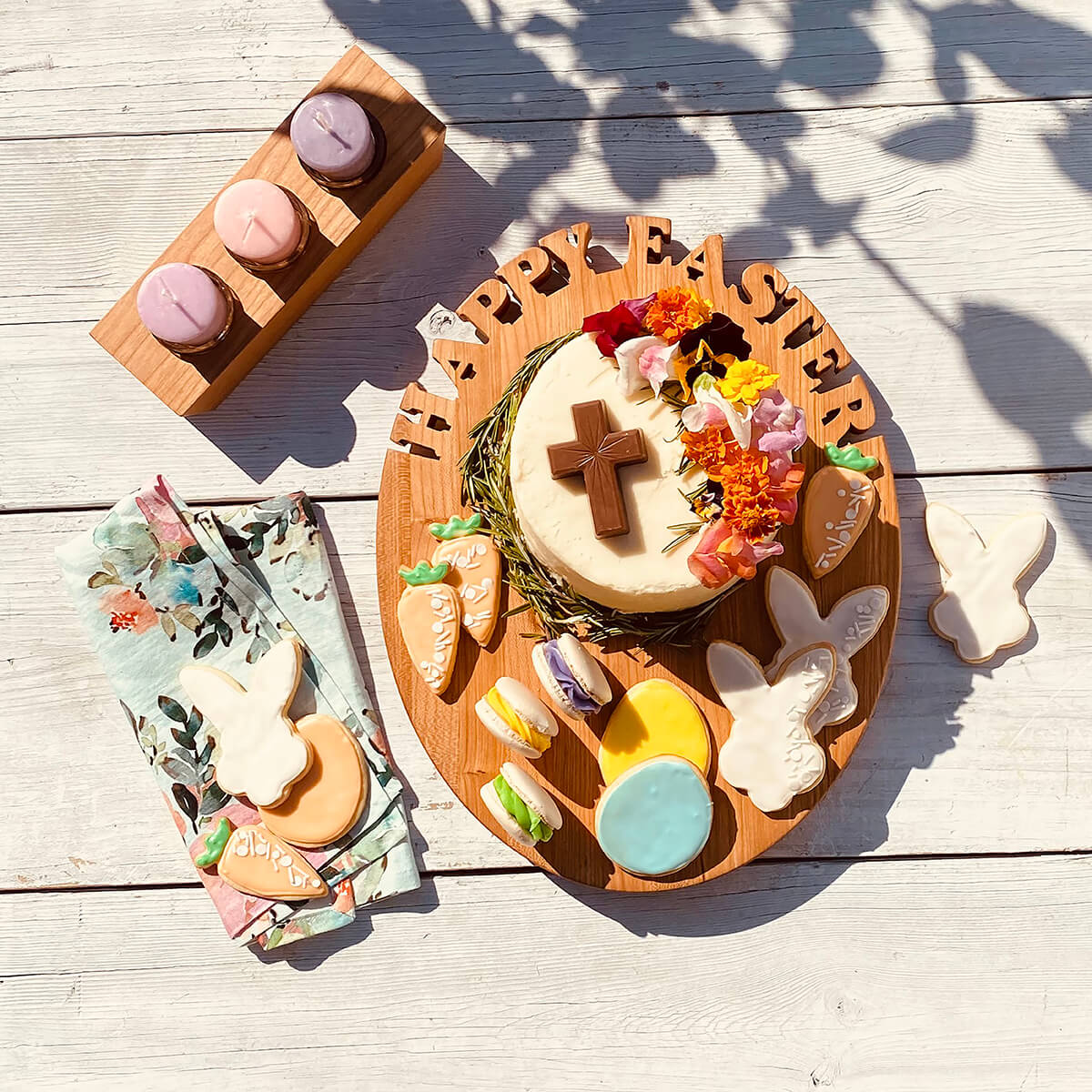 oval cutting board, words Happy Easter carved out of the wood