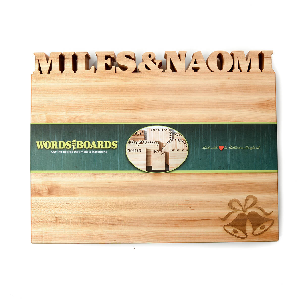 cutting board with couple names cut out, laser engraved wedding bells on maple wood