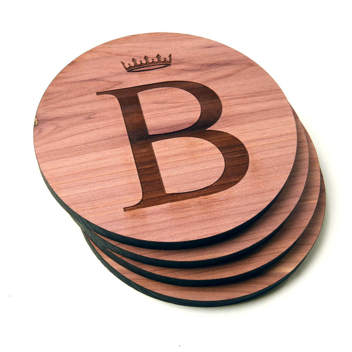 personalized coaster set, Letter B with crown on top, cedar wood