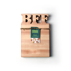 small wooden cutting board with the letters BFF cut out-bottle opener option